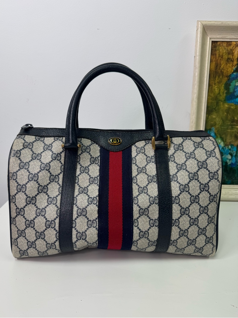Vintage Gucci Accessories Sherry Line Navy Blue Boston Bag